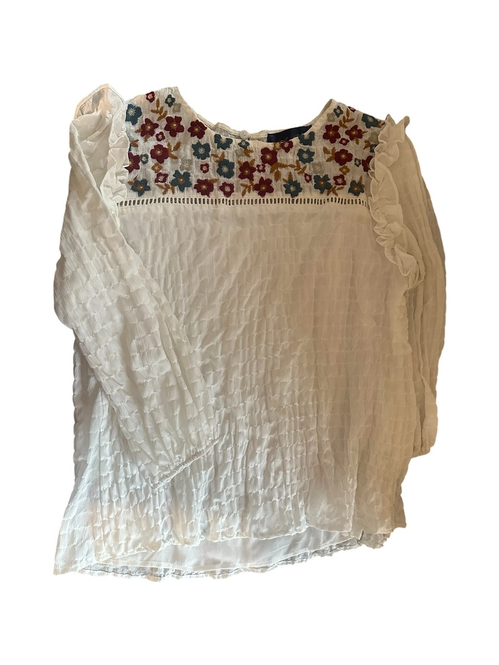 Francesca's Collections White Crinkle Blouse with Multicolor Floral Embroidery